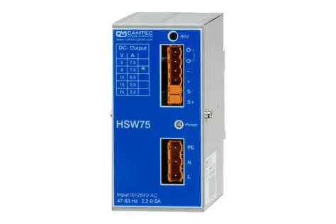 Ein 1-phasiges AC/DC Netzteil für Hutschienenmontage mit Stecker auf der Frontseite