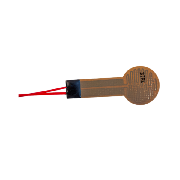 All-Polyimid-Heizfolie mit rundem Heizbereich und integriertem Widerstandsmuster, längliche rechteckige Flex Circuit Wegleitung mit roten Anschlussleitungen seitlich geführt.