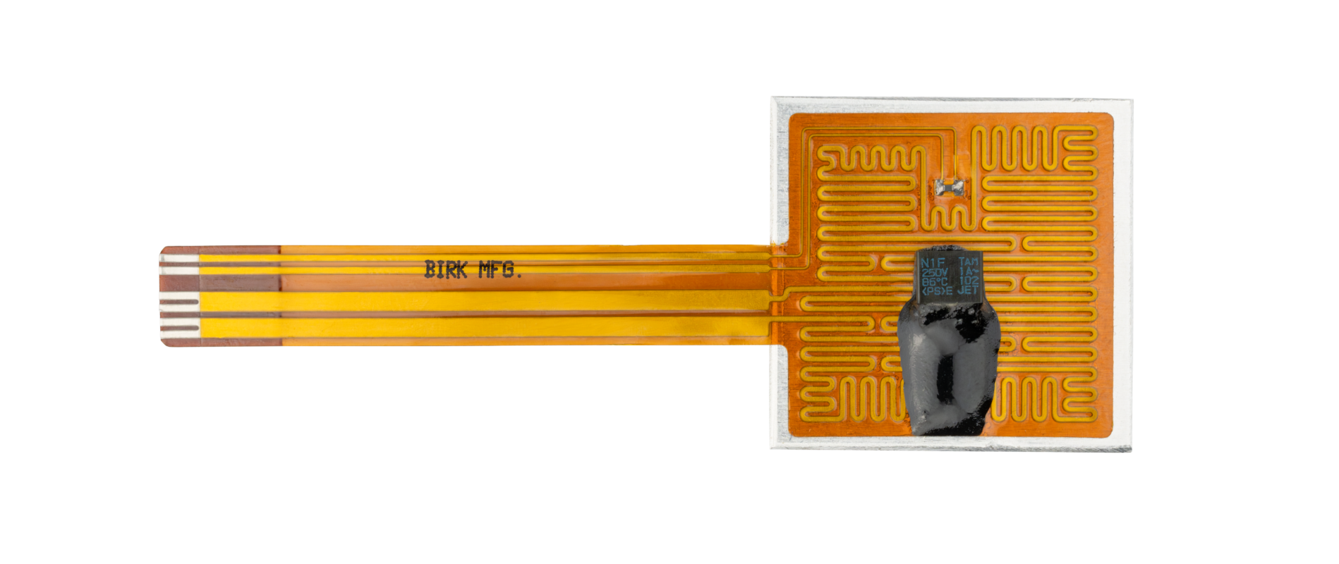 Werksseitig montierte Kapton-Heizfolie auf Aluminiumplatte mit Thermistor, Thermosicherung und ZIF-Anschluss.