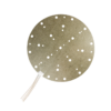 Mica-Heizfolie mit runder Heizfläche für Chucks in der Waferproduktion der Halbleiterindustrie. Glasfaserverstärkte Anschlussleitungen unten links.