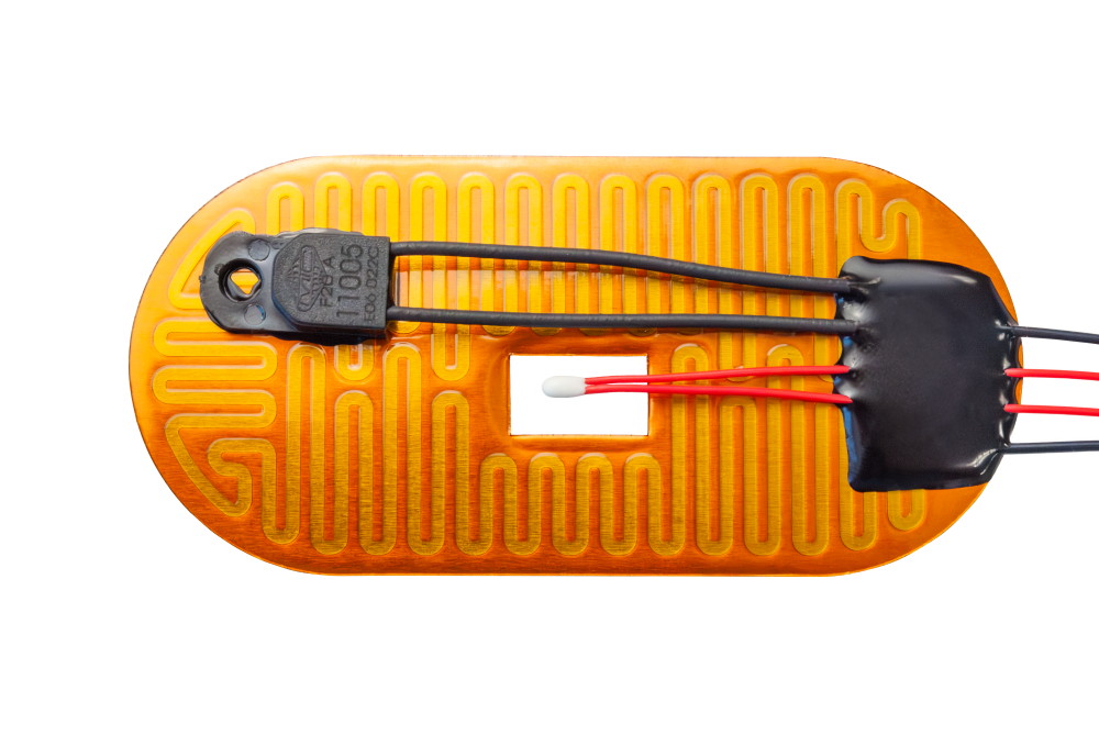 Ovale FEP-Kapton-Heizfolie mit Thermostat und Thermistor in einer rechteckigen Aussparung