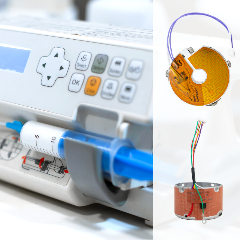 Medizinisches Gerät zur Erwärmung von Proben, Kollage mit Silikon- und Kapton-Heizfolien.