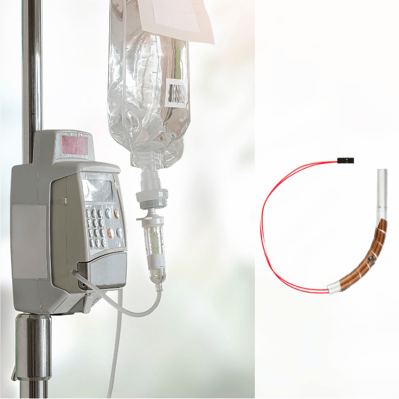 Infusionsgerät mit Flüssigkeitsbeutel: Bildcollage mit Heizfolie